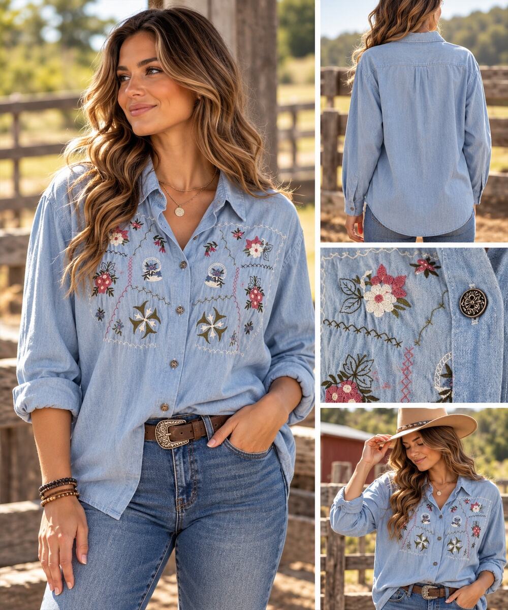 Vintage Capacity Chambray Shirt Floral Embroidered Blue Cottagecore